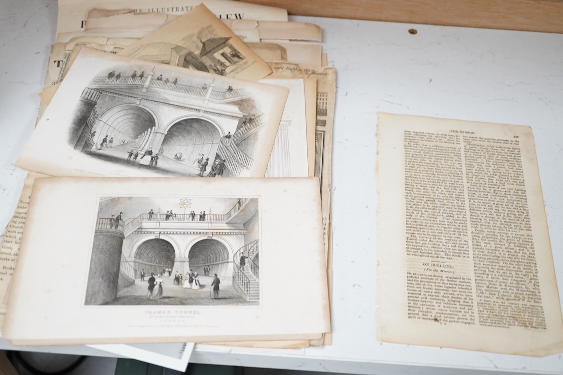A collection of early to mid 19th century newspaper cuttings and engravings related to Marc Brunel’s Thames Tunnel, including contemporary reports and French reports, The Mirror, dated Saturday May 22, 1824, a contempora